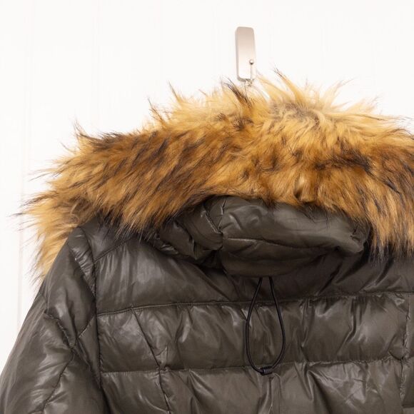 S13 Chalet Belted Faux-Fur-Trim Hooded Down Puffer Coat Green Size Small - Picture 13 of 16